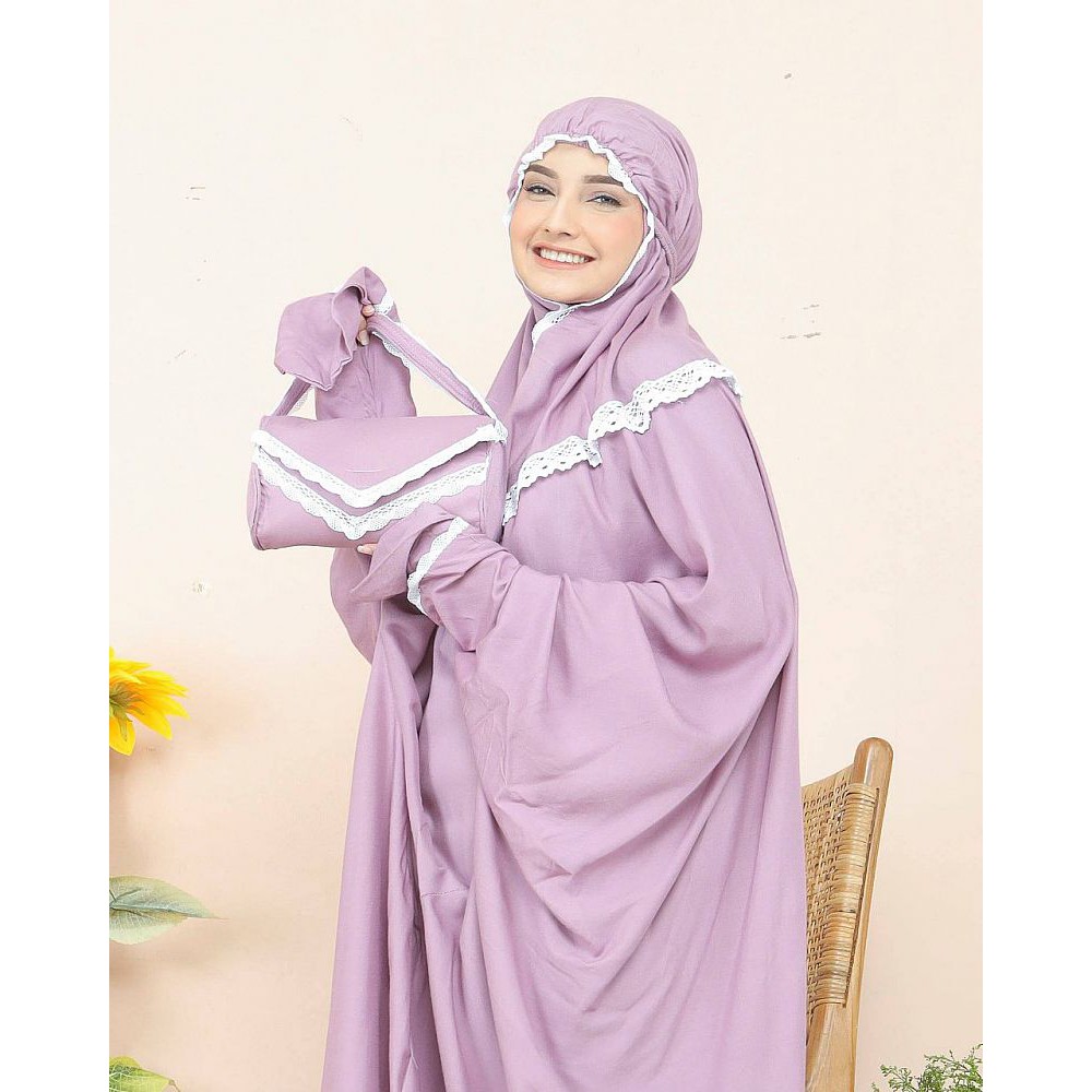 Mukena Dewasa Terusan Bahan Rayon Polos Renda Cantik Traveling Travelling Alexa Ungu Lavender Lilac