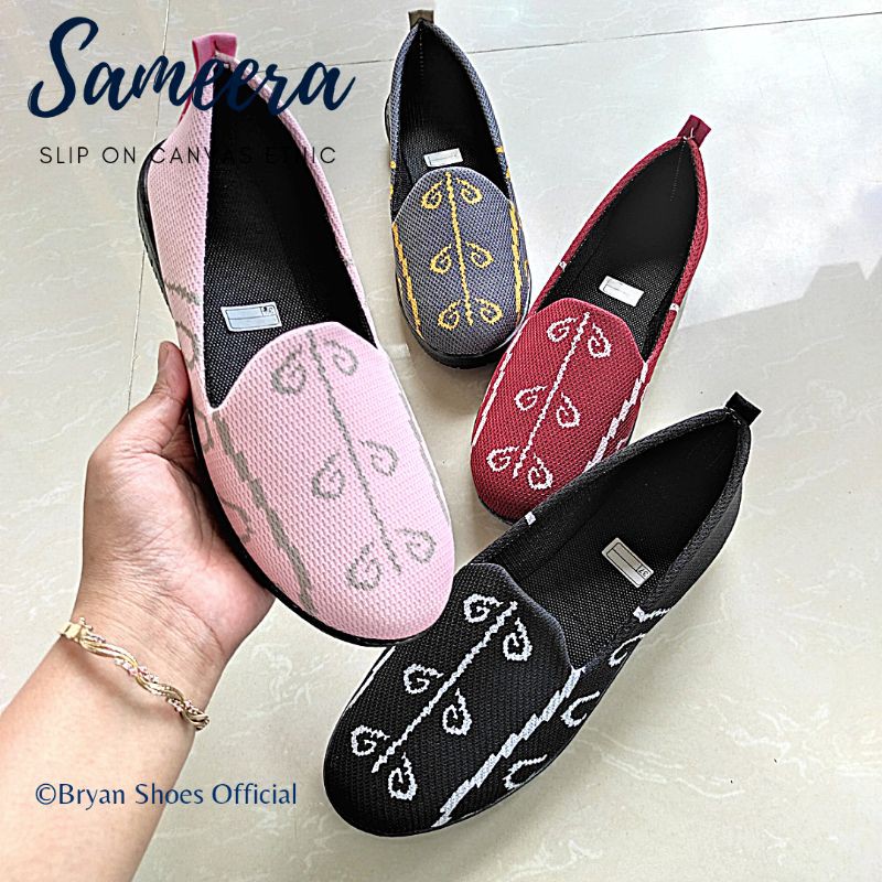 Bryan Sameera Slip on Canvas rajut Motif Etnik Sepatu wanita motif Toraja Maroon Hitam Abu Pink