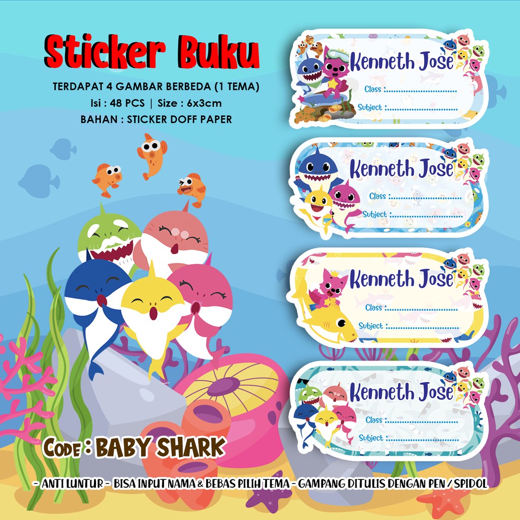 

Sticker / Stiker Buku Custom Nama Karakter Tema BABY SHARK / DORAEMON / GALAXY / MINION / RILAKKUMA