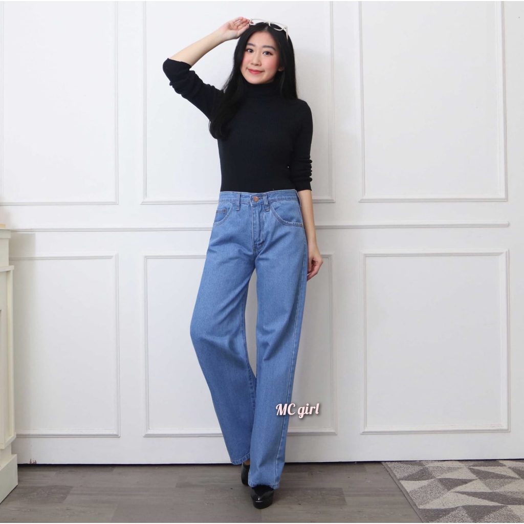 MC girl - Kulot Panjang Jeans Warna Biru Muda Wanita / Celana Jeans Kulot Boyfriend Light Blue / Kaki Lebar