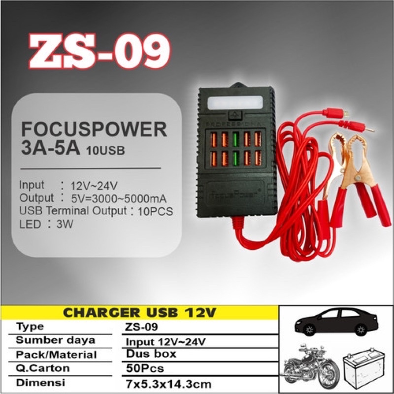 CHARGER AKI 5 BRO 10 USB + LED ZS-09
