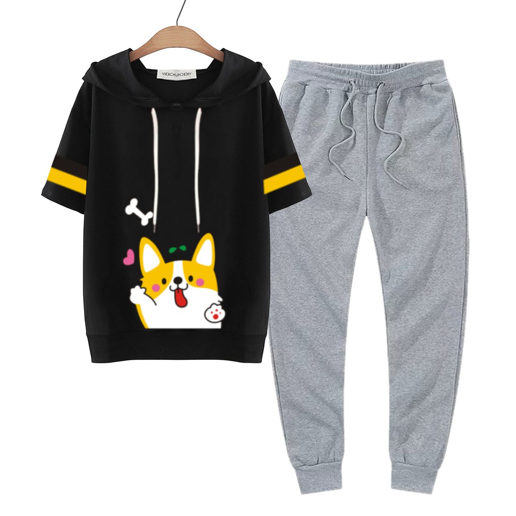 BESS - Baju Setelan Wanita Murah / Setelan Hoodie Crop Lengan Pendek + Jogger Abu - HAMSTER