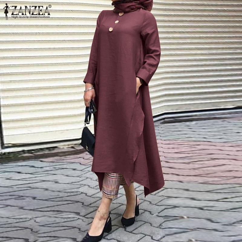 ZANZEA Women Decorative Button Front O-Neck Irregular Hem Muslim Dress