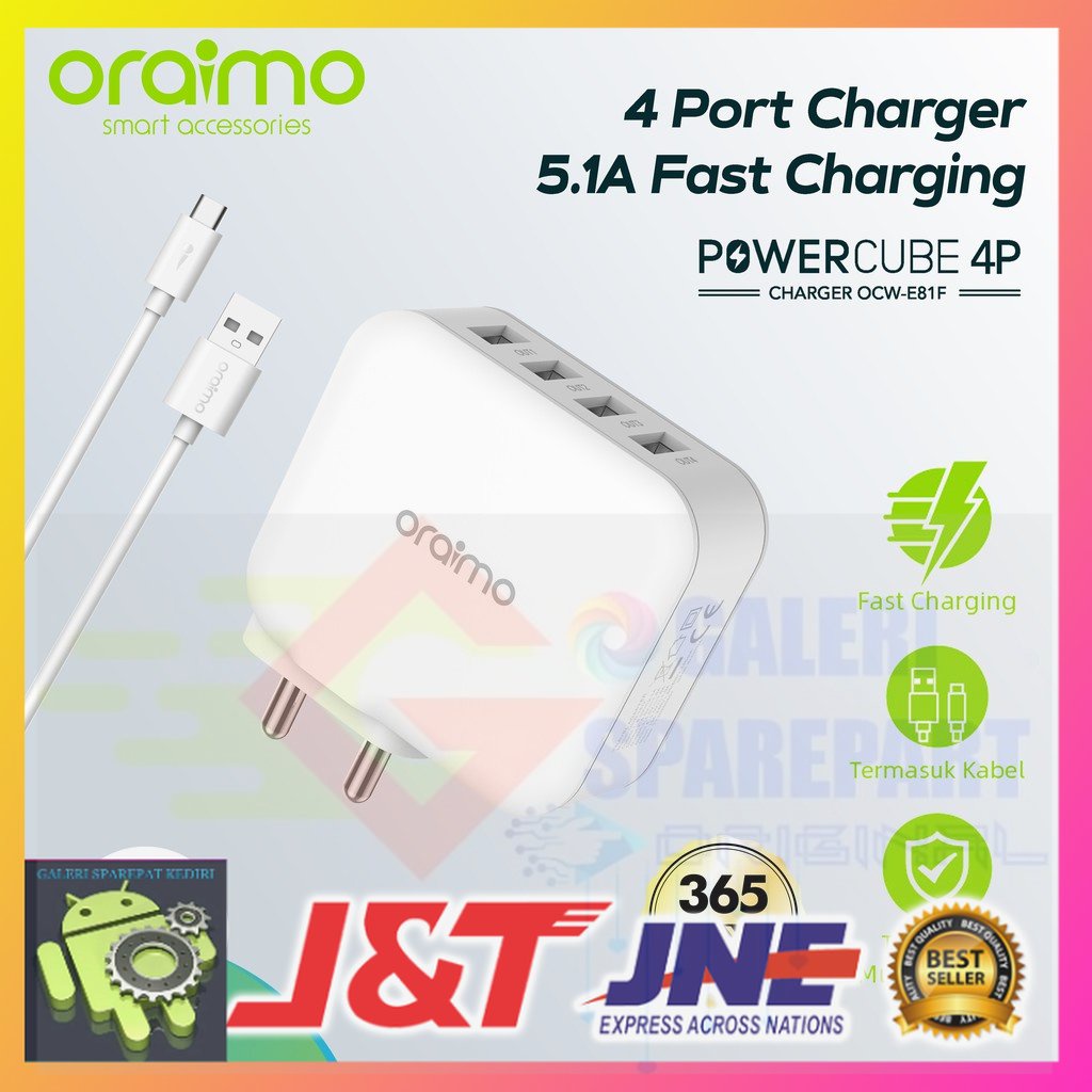 Oraimo Charger Handphone OCW-E81F Original 4 USB Port Smart Safe Fast Charging Android
