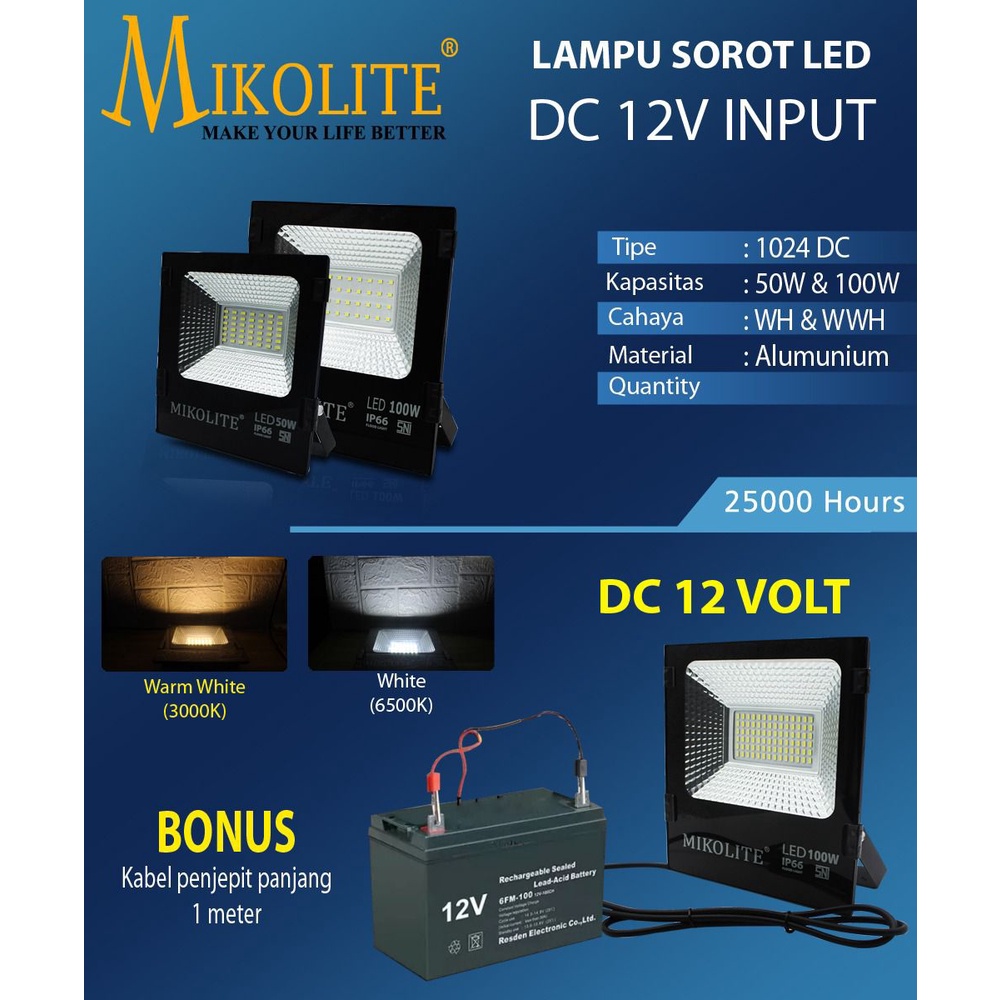 Lampu Sorot LED DC 12 volt 20w 30w 50w 100 Watt Puth Kuning Sorot Aki 12v