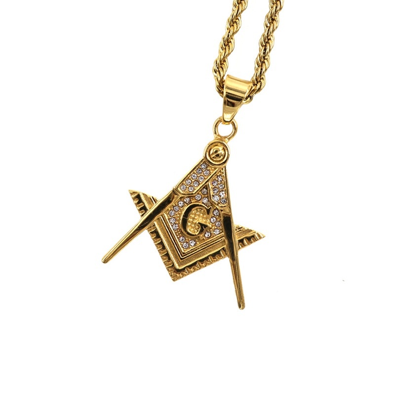 Kalung Liontin Masonic Gold Inlaid Aksen Berlian Untuk Pria