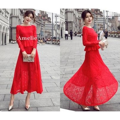 BEST SELLER Dress Import Long Gaun Pesta Lengan Lace Brukat Korea Black Red Merah Wanita Murah