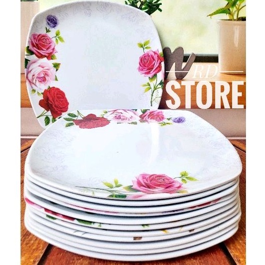 PROMO 12.PCS PIRING PERSEGI CEPER PRASMANAN MELAMINE MOTIF ROSE