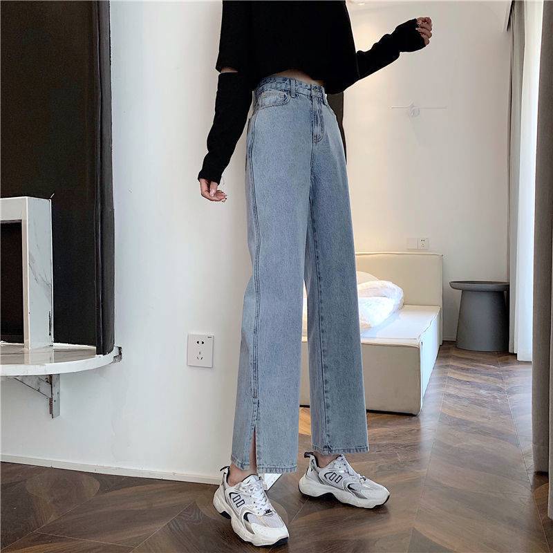 MOOGU ♡ Celana jeans longgar slit korea pinggang tinggi lurus