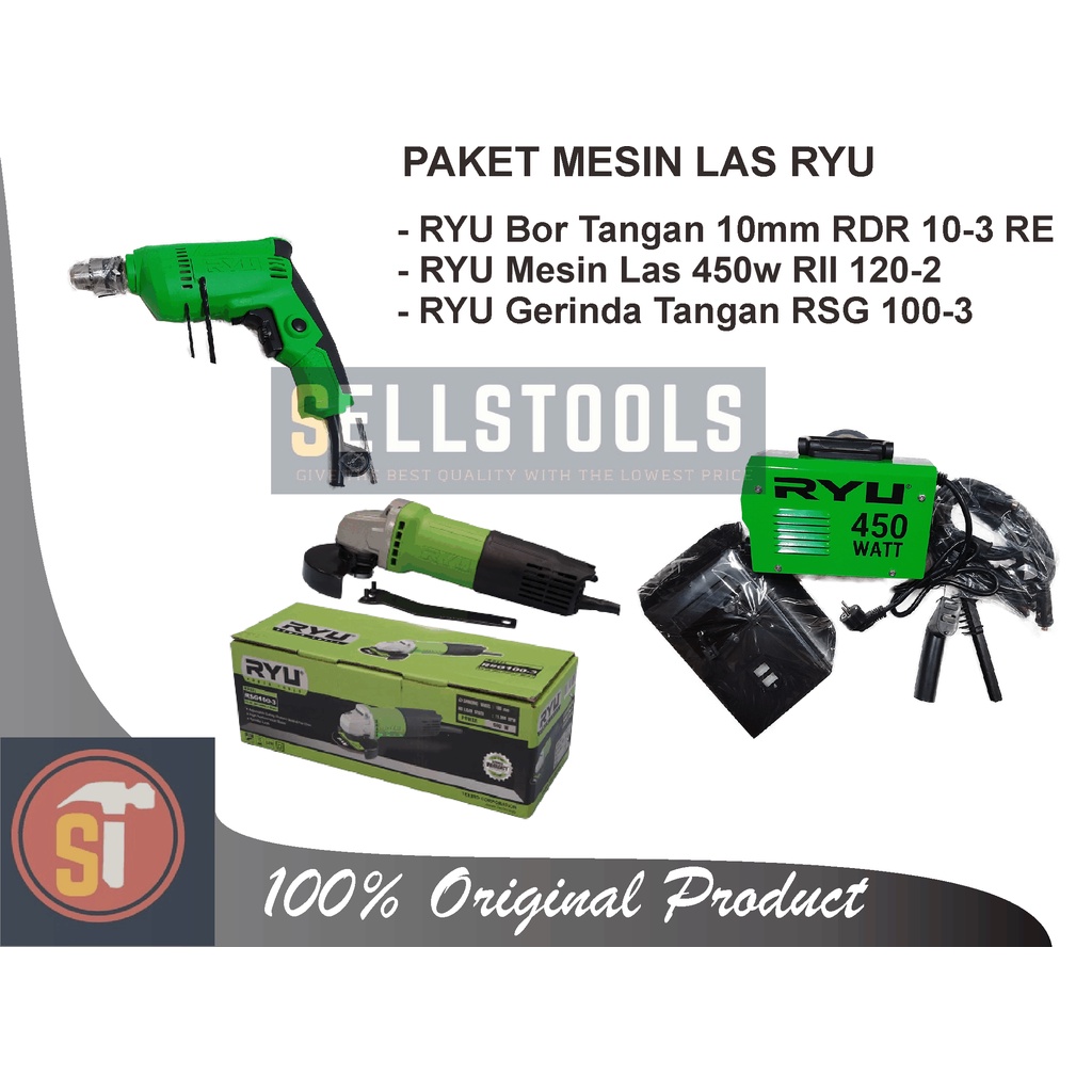 PROMO PAKET TUKANG LAS || MESIN LAS RYU 450 W - RYU GERINDA TANGAN 4INCH - RYU BOR tangan 10mm