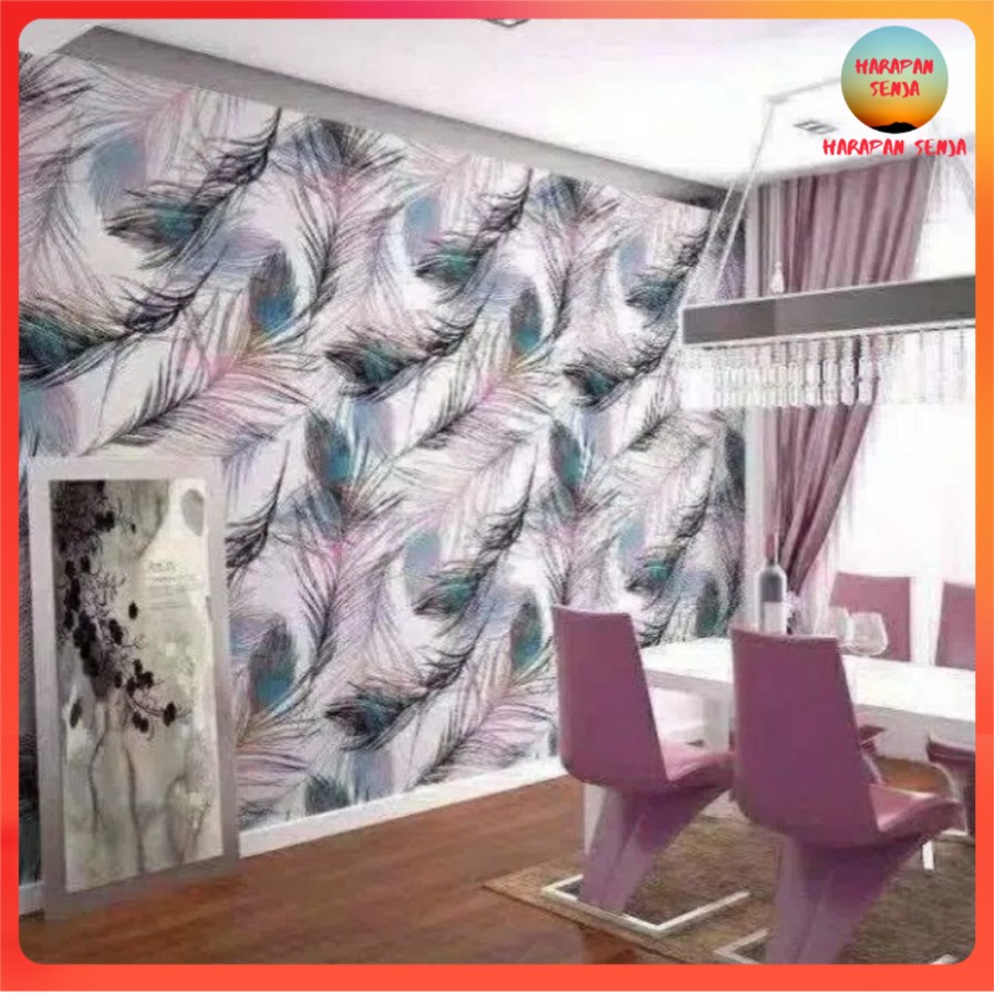 HS - Wallpaper Dinding Motif Bulu Merak Biru Ungu 10m x 45cm