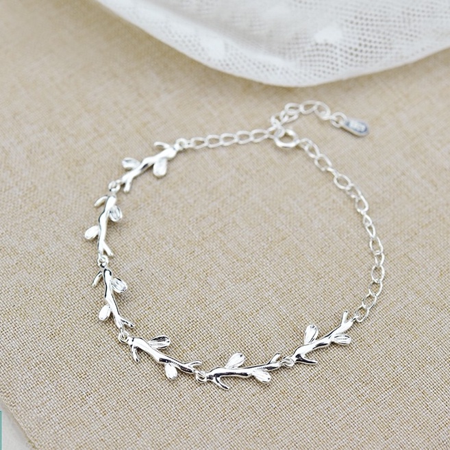 Gelang Desain Cabang Daun Bahan Stainless Steel 925 Lapis Silver Untuk Wanita