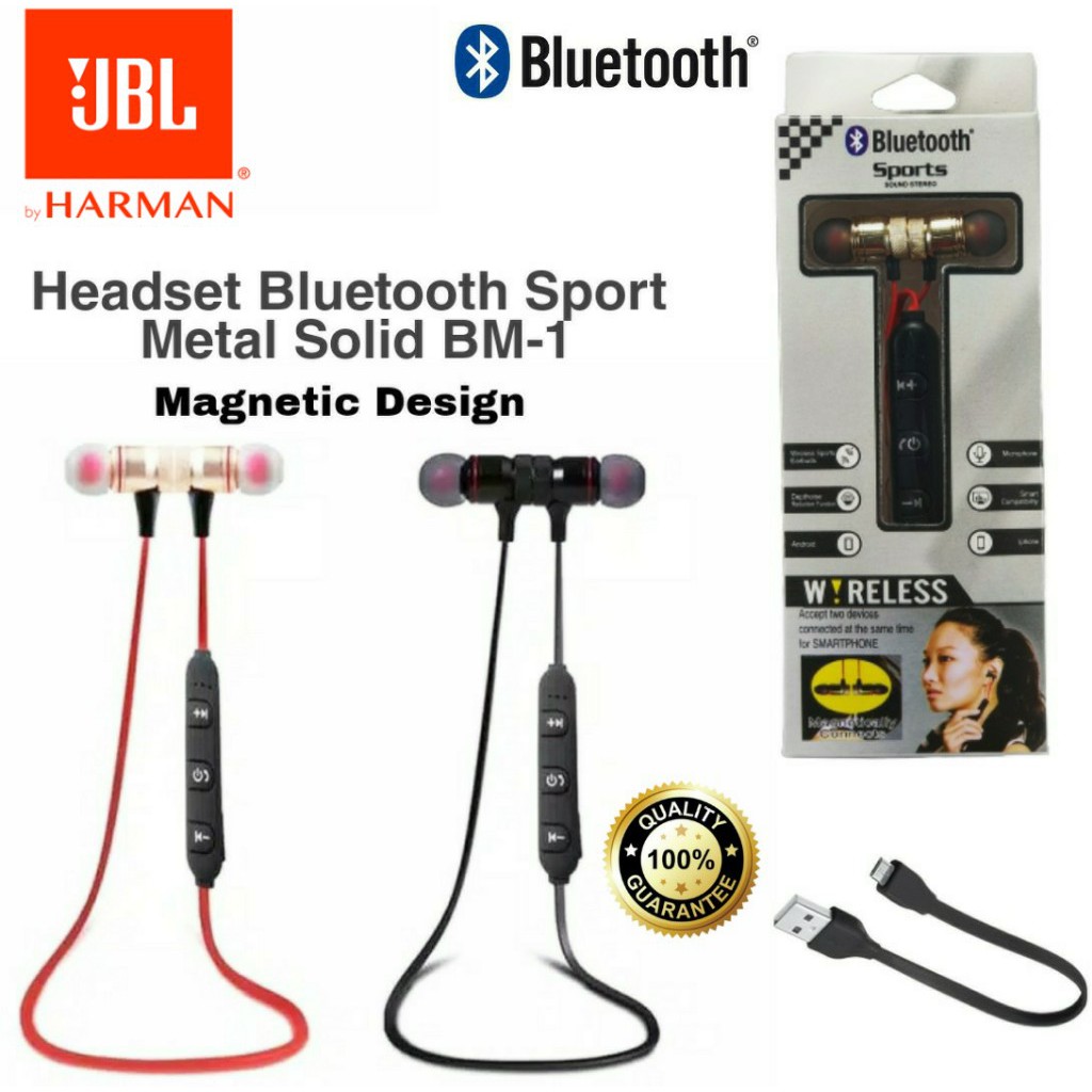 Headset Bluetooth Sport JBL branded Earphone Handsfree Metal Solid Magnet BM1