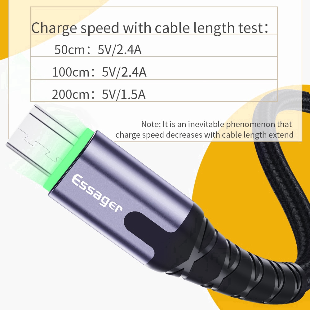 Essager Kabel Data/Charger Micro Usb Dengan Led Untuk Samsung Xiaomi Oppo Vivo Android