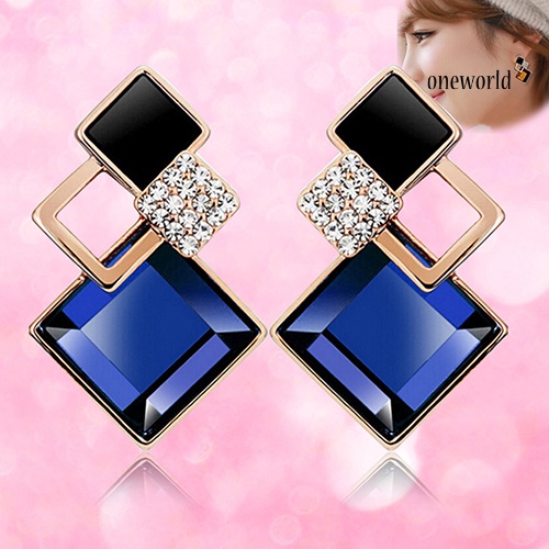 OW@ Women's Fashion Rhombic Rhinestone Eardrop Korean Style Earrings Party Jewelry