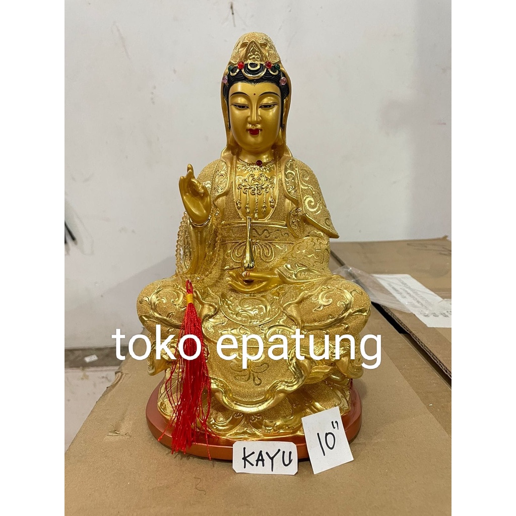 patung dewi kwan in kwan im guan yin - kayu - 10 inch - emas