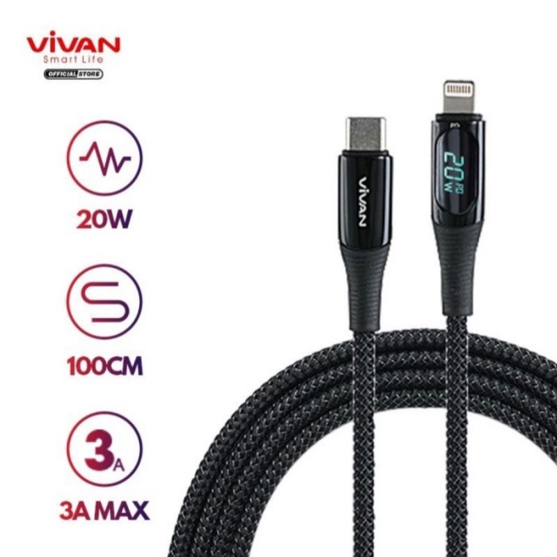 vivan vcl100 kabel data iphone type c to lightning fast charging 3a 20w smart digital display 1m cab