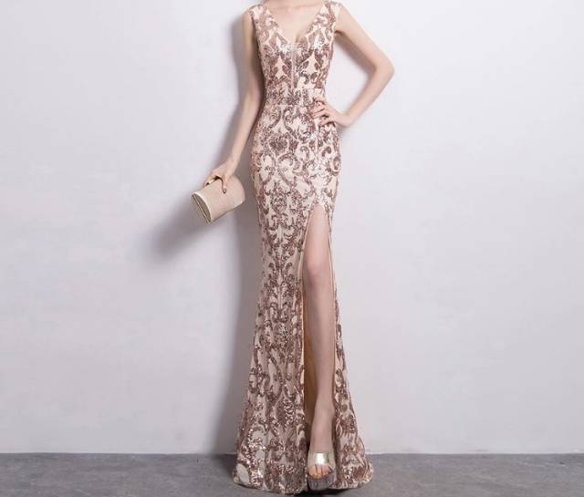 Gaun Pesta Pernikahan Malam Sexy dengan  gliter  mewah cream gold wedding gown malam
