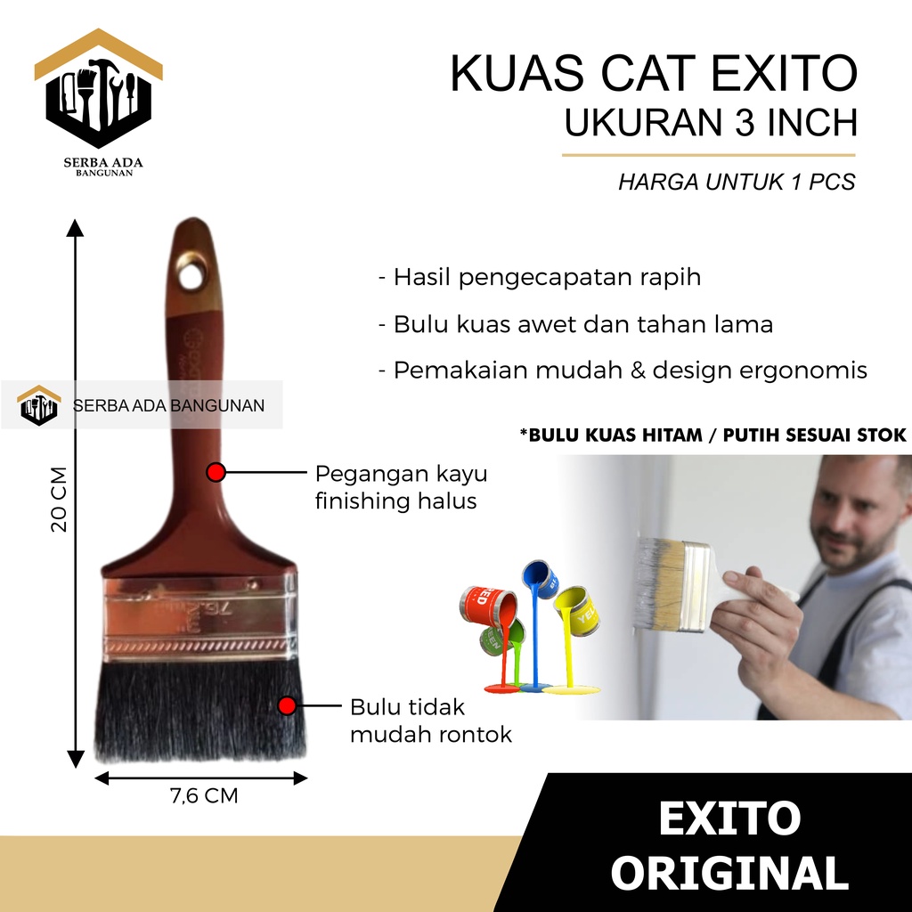 Kuas cat bulu hitam putih 1,5&quot; 2&quot; 2,5&quot; 3&quot; 4&quot; inch kuas cat tembok EXITO 100% ASLI murah bagus bulu lembut tebal