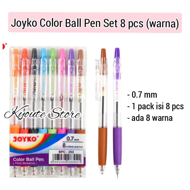 

Joyko Color Ball Pen Set 8 Pcs 0.7 mm / Pulpen Warna Warni