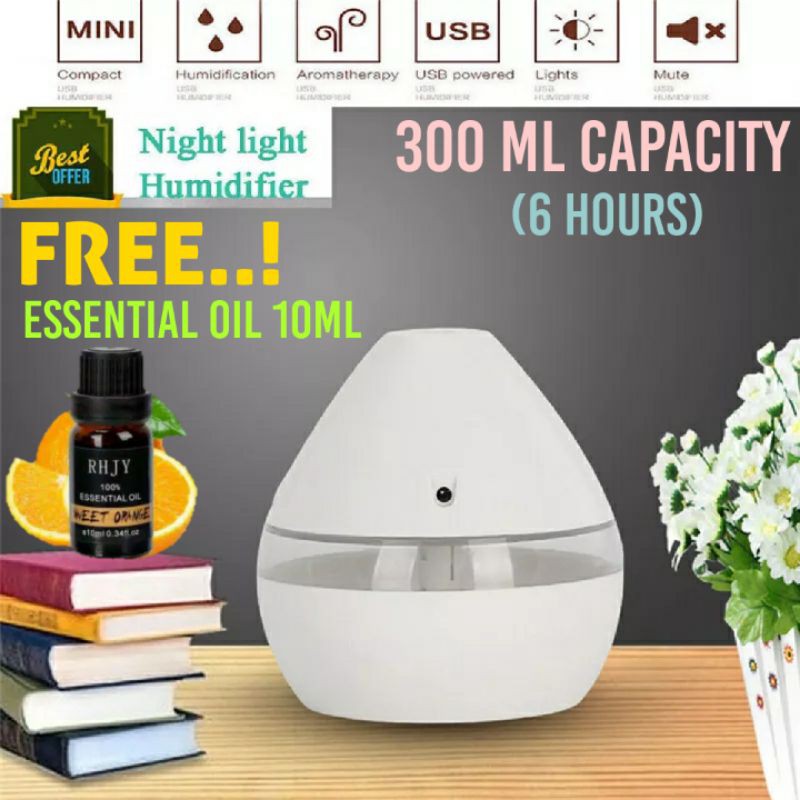 HUMIDIFIER PURIFIER DIFFUSER AROMATHERAPY MINI ULTRASONIC 300ML FREE AROMATERAPI ESSENTIAL OIL