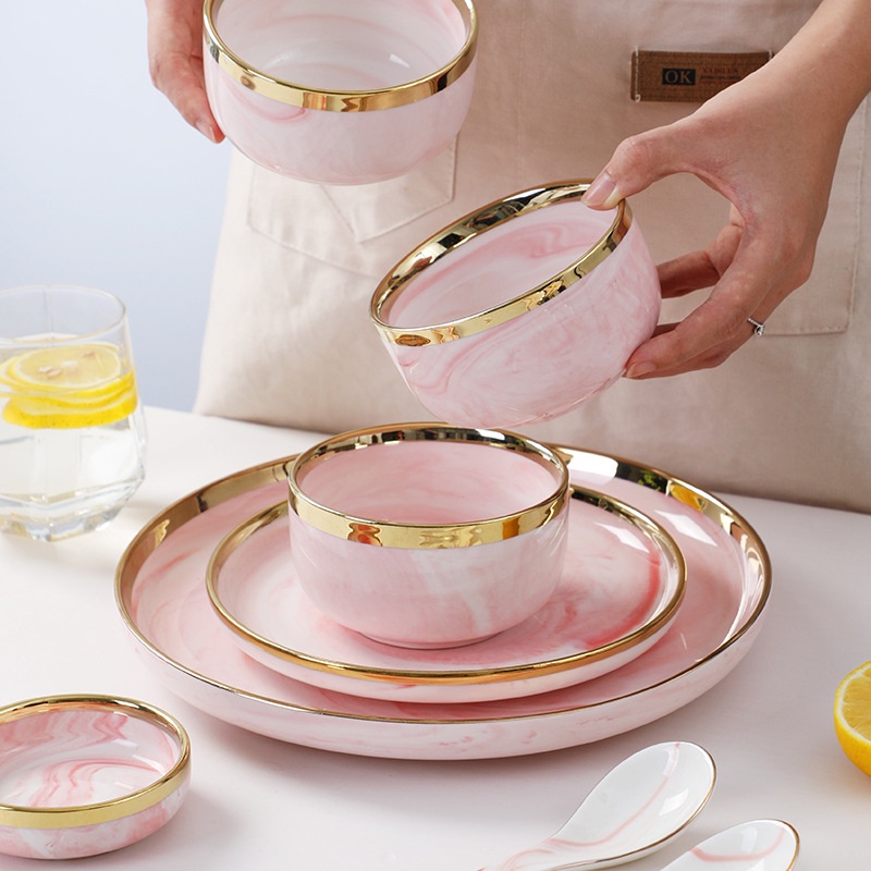 PIRING PINK MARBLE KERAMIK LIST EMAS ELEGAN/ PIRING KERAMIK PINK MOTIF MARMER LIST GOLD ELEGAN MEWAH-6