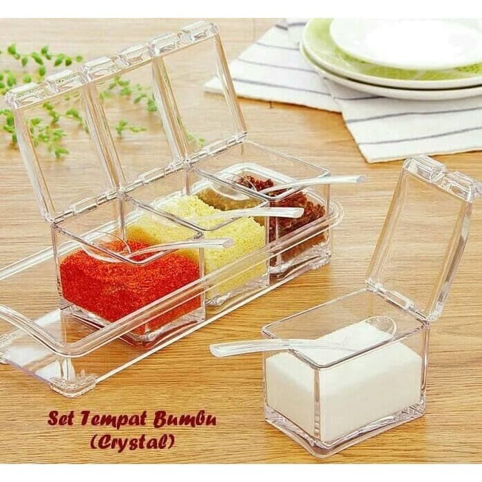 Tempat Bumbu Crystal 1 set isi 4 / Tempat Bumbu Bening 4 in 1 /  Tempat Bumbu Dapur Kotak / Crystal Seasoning Box