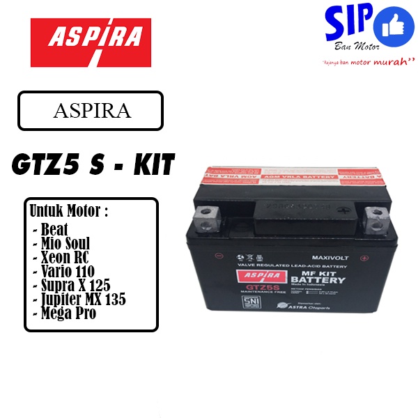 Aki ASPIRA GTZ5S GTZ-5S MF Kit - 3.5Ah ORIGINAL Aki motor Beat Vario 110 Blade 110 Mio Scoopy Vixion SUPRA 125 BEAT REVO MIO J VIXION XEON SHOGUN