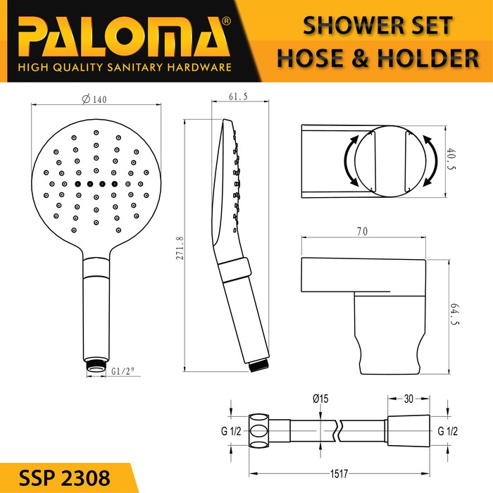 SHOWER SET SSP 2308 PALOMA HAND SHOWER SET PREMIUM  LENGKAP FLEXIBLE DAN HOLDER  SHOWER KAMAR MANDI