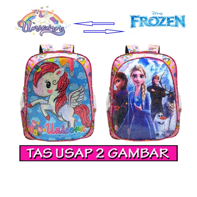 APPA Tas Ransel Anak Prempuan Sekolah Sequin Usap 2 Gambar Karakter UNICORN - FROZEN