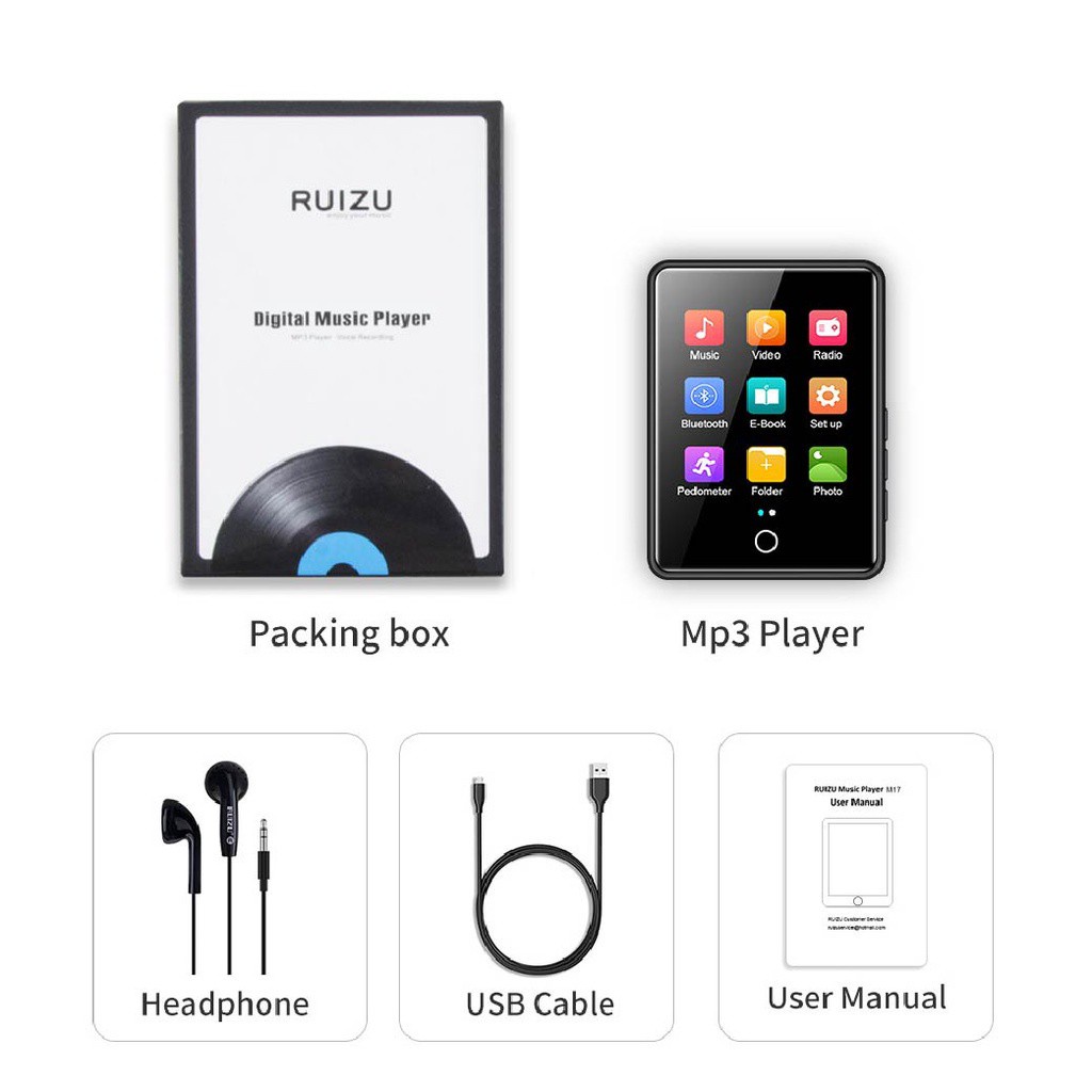 RUIZU M17 Full Touch Screen MP3 Player Bluetooth 5.0 16GB Music Player E-book With Dictionary