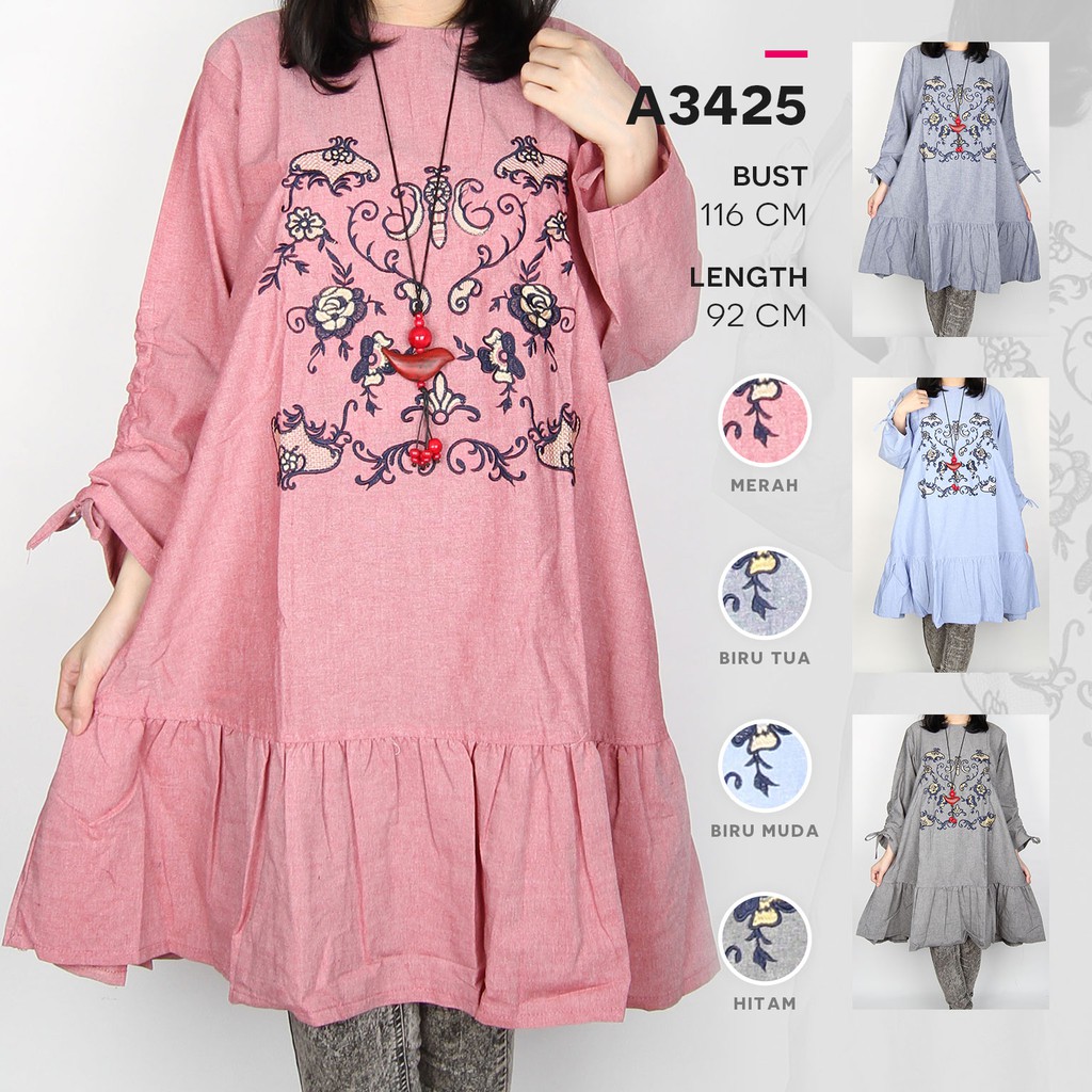 Maliju Tunik Jumbo Bordir Denim Rempel - A3425