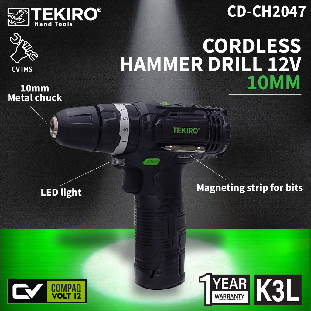 Bor Baterai/Cordless Drill/Hammer Drill 10MM CV 12V TEKIRO