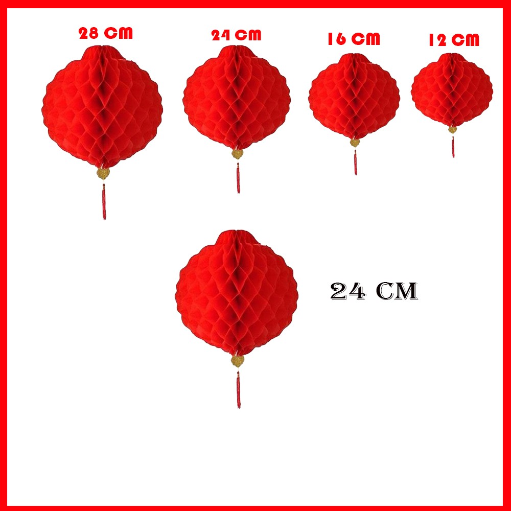 SEPASANG 2PC Lampion Plastik BULAT HONEYCOMB Merah Dekorasi Imlek 12 / 16 / 24 / 28 cm LANTERN MERAH