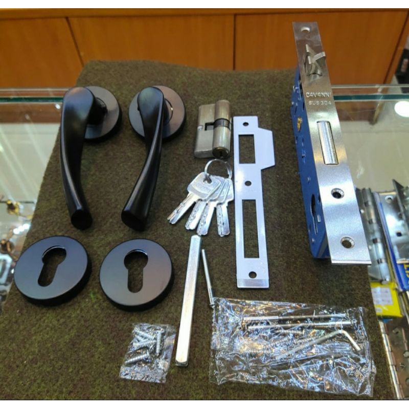 hendel pintu hitam satu set bisa COD / hendel kamar tidur paket komplit /hendel pintu rumah satu set