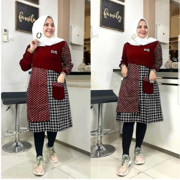 Baju Atasan Tunik Baju Dress Pesta Wanita Dewasa Midi Dress Brokat Bahan Babyterry Kombinasi Latun L