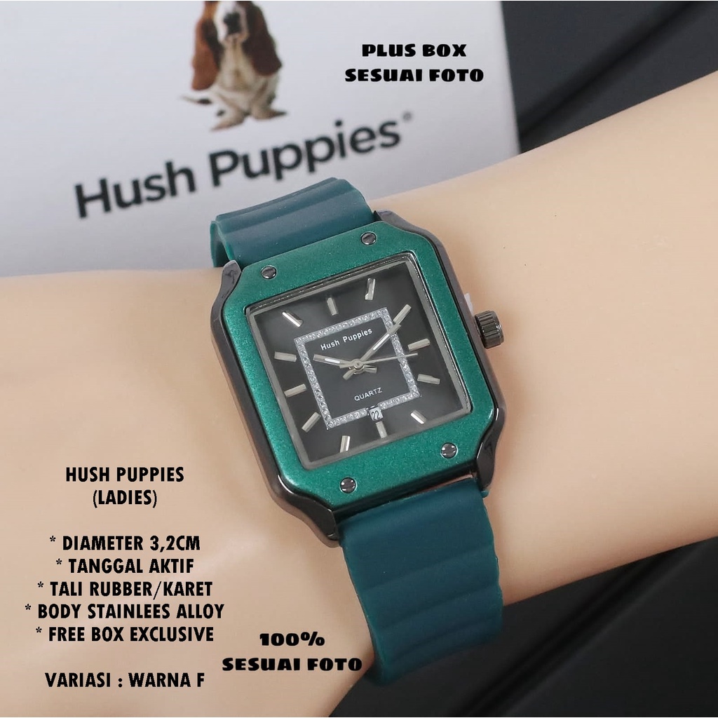 (FREE BOX) JAM TANGAN WANITA HUSH PUPPIES TALI RUBBER BODY SEGI TANGGAL AKTIF