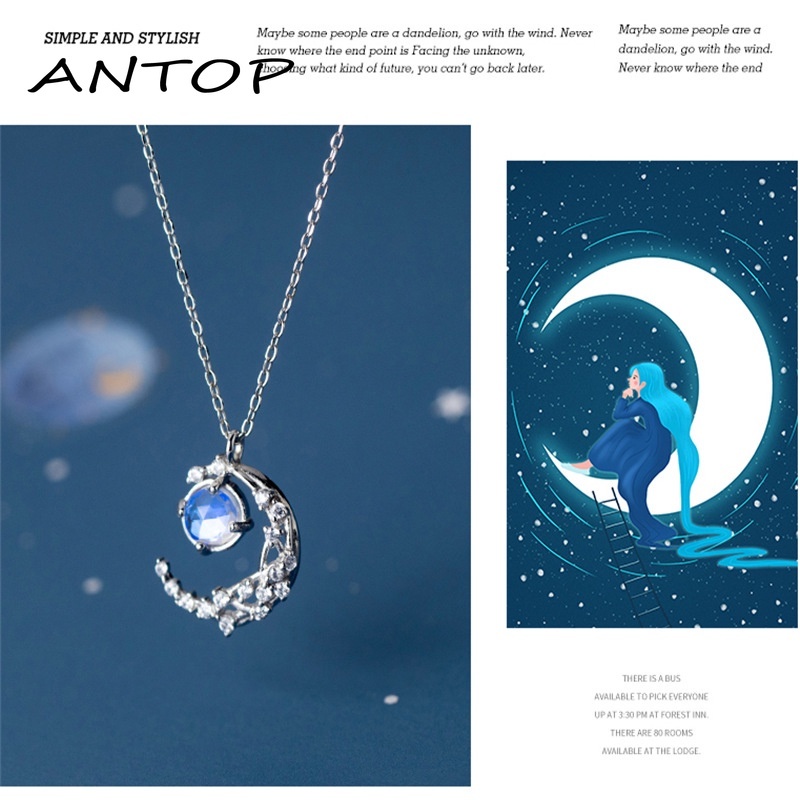 Moon Diamond Moonstone Necklace Desain Sederhana Kalung Mewah Ringan ANTOP