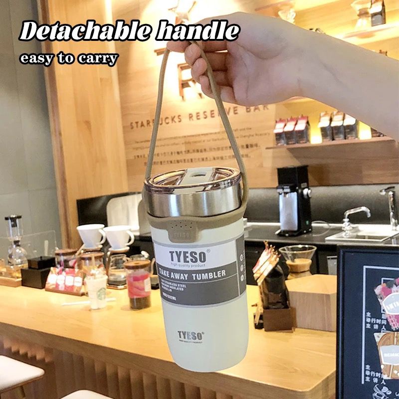 tyeso take away tumbler 100% ORIGINAL free sedotan double vacuum stainless steel coffee thermos with rope handle / botol minum portable premium quality / coffee tea tumbler