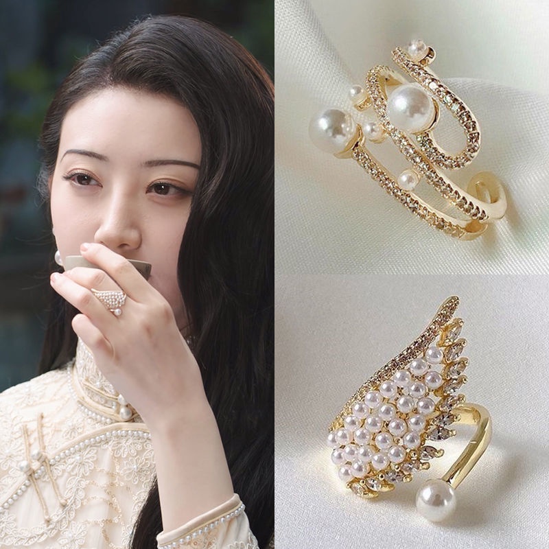 Siteng Jing Tian gaya yang sama Pearl sayap terbuka cincin wanita in Trendi dingin special interest