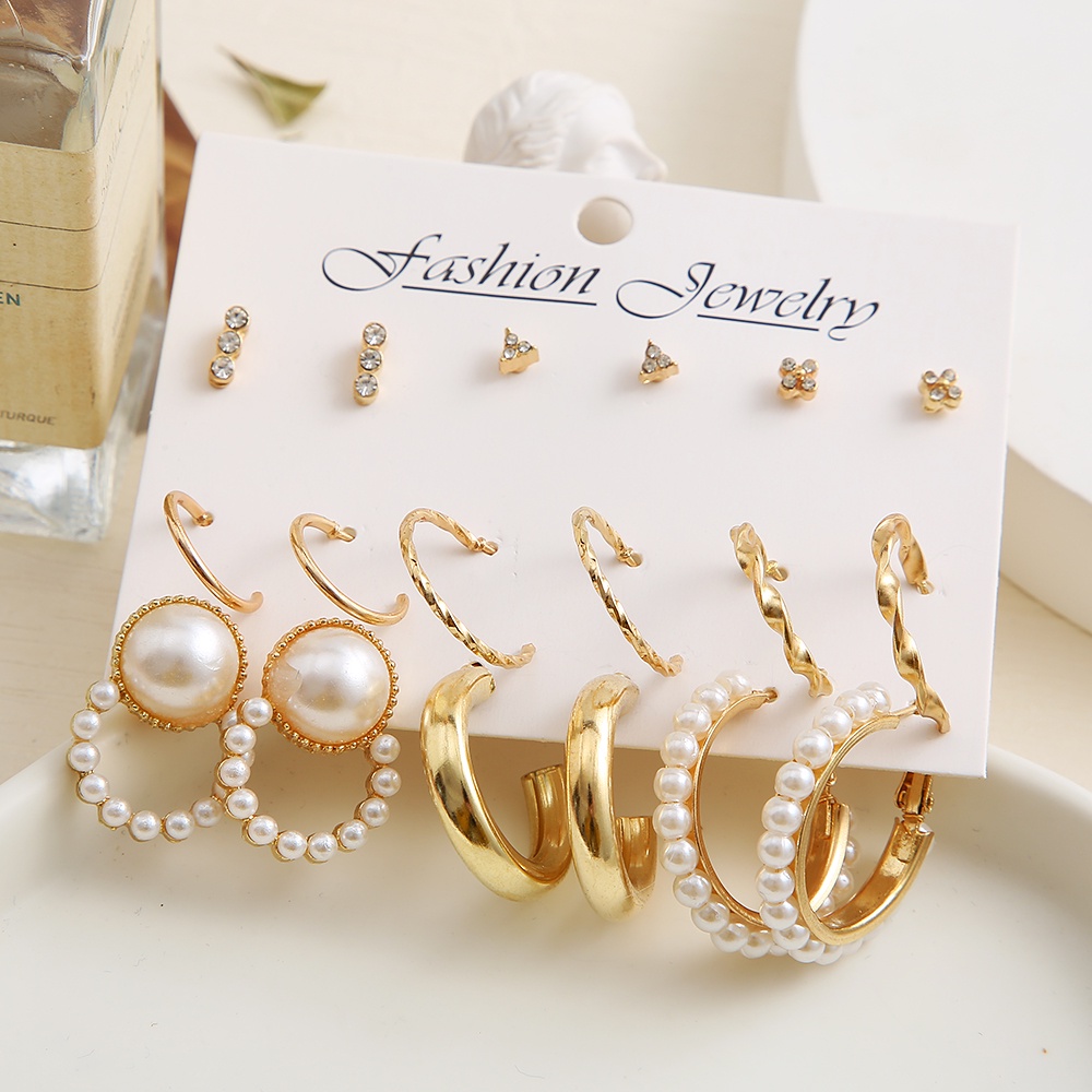 10pcs / Set Anting Tusuk Bahan Metal Warna Gold Desain Awan + Mutiara + Berlian Untuk Wanita