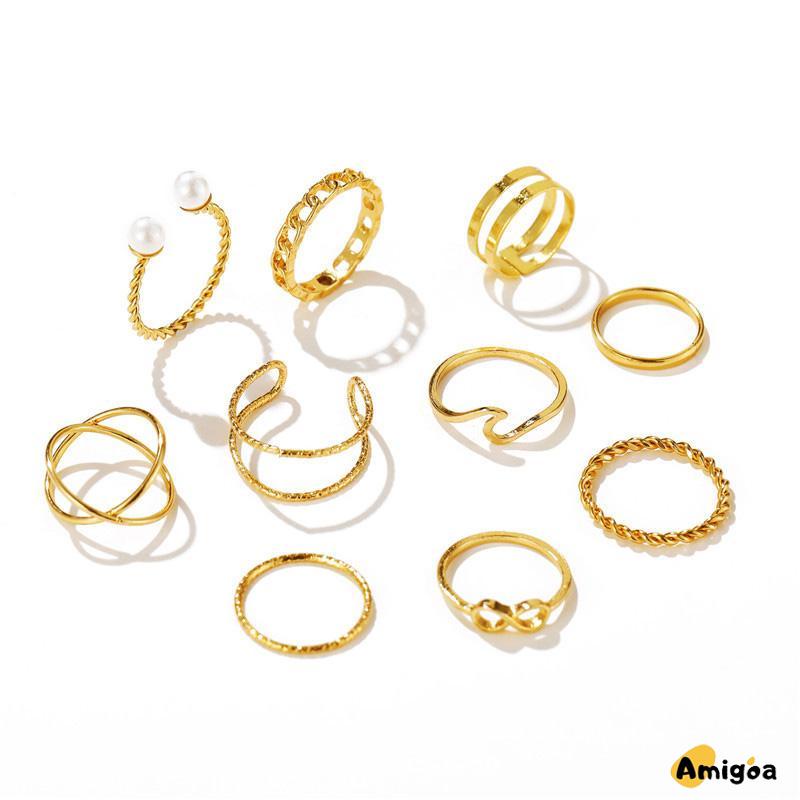 10 Buah Set Wanita Kreatif Sederhana Manik-manik Ganda Cincin Gabungan Geometri Gelombang Mutiara - AG2