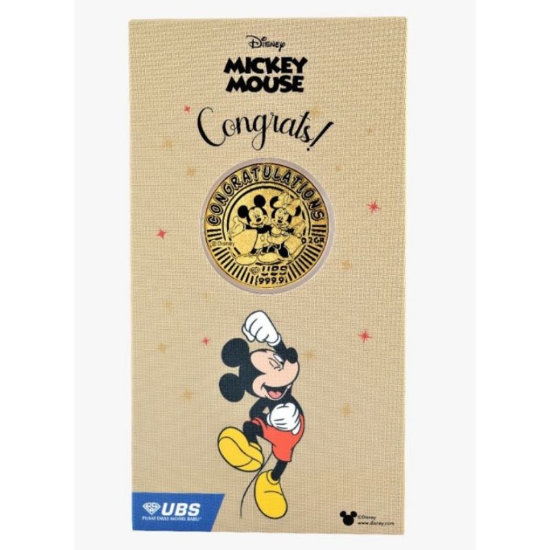 UBS Gift Series 0.2 gr Fine Gold 999.9 % Disney Mickey Mouse Congratulations