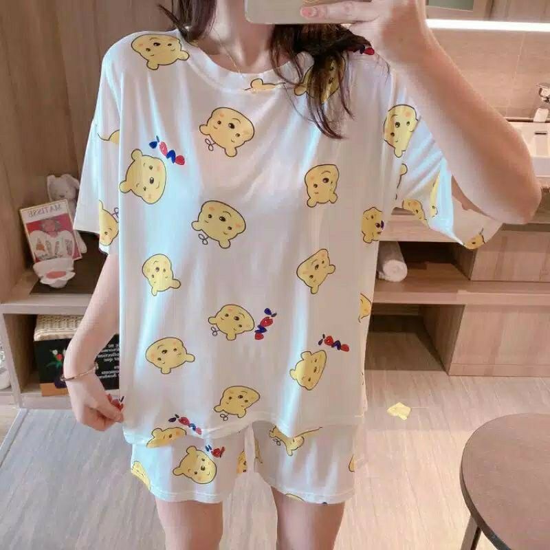 Setelan baju tidur piyama import impor ala korea big size jumbo POOH disney bahan kaos halus stretch