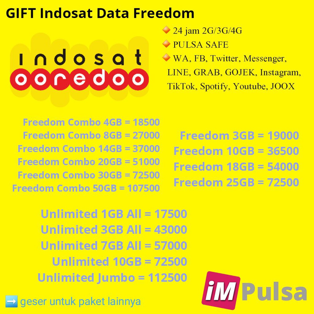 Paket Data Indosat Gift Diskon 30% IM3 Ooredoo Data Freedom U Freedom Combo New Freedom