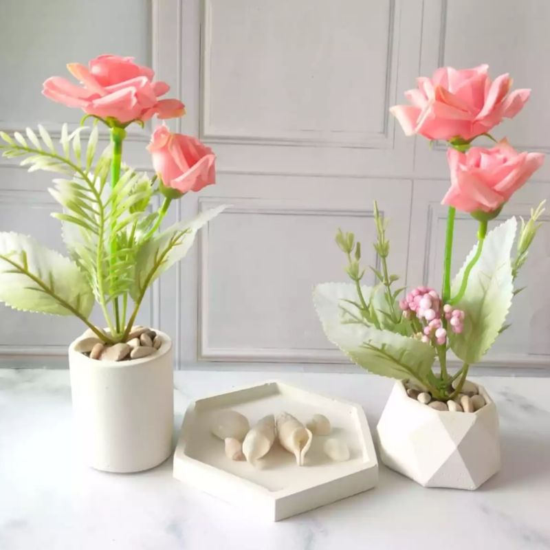 [ PROMO TERMURAH ] Artificial Rose Pink Pot Concrete Silinder / Diamond - Dekorasi Ruang Tamu - Bunga Plastik Import Grosir Murah