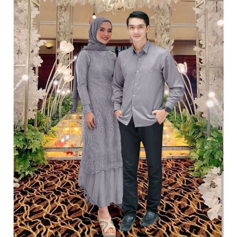 BAJU GAMIS KEMEJA COUPLE PASANGAN DRESS BROKAT BRUKAT IMPORT UNTUK PESTA KONDANGAN NIKAHAN WANITA PE