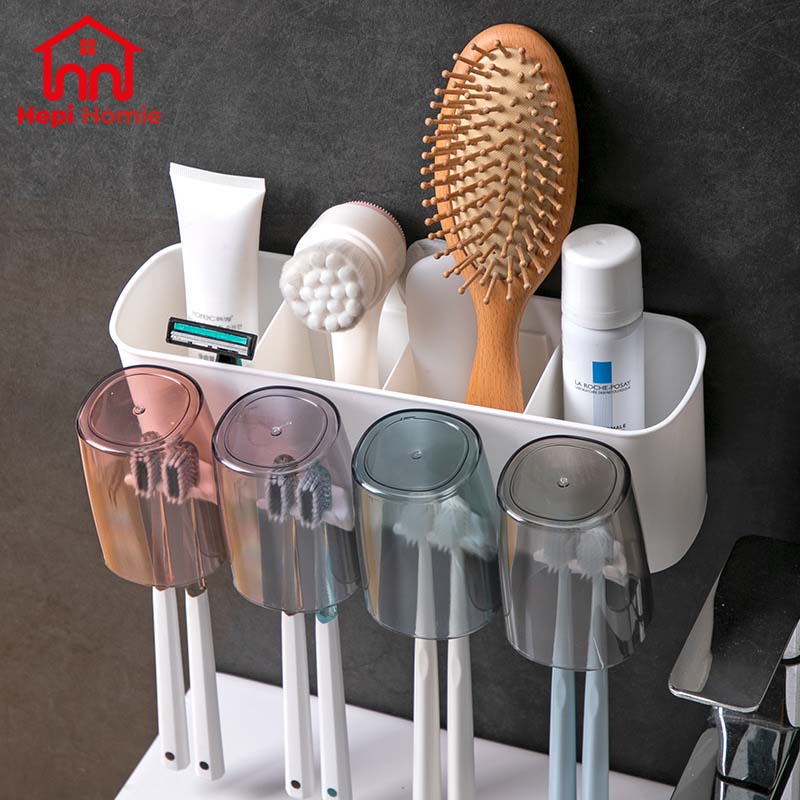 [HH] TOOTHBRUSH HOLDER CUP SET + TOOTHPASTE DISPENSER / RAK GANTUNG TEMPAT SIKAT GIGI &amp; ODOL TEMPEL DINDING / HANGING WALL BRUSHING MOUTHWASH CUPS