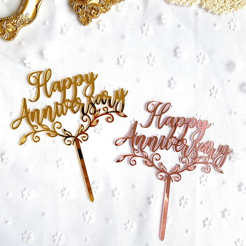 TOPPER CAKE HIASAN KUE HAPPY ANNIVERSARY AKRILIK MEWAH GOLD