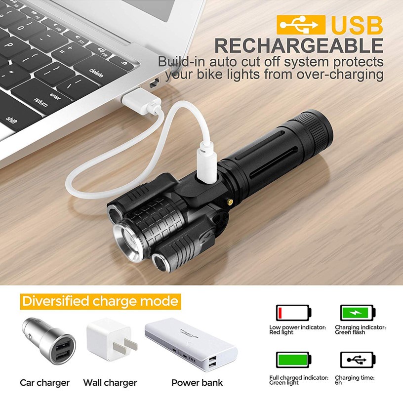 YGRETTE - BICYCLE FLASHLIGHT TaffLED Senter LED Rotating Zoom Cree XM-L T6 + 2 x XPE 15000 Lumens LAMPU SEPEDA DEPAN BELAKANG